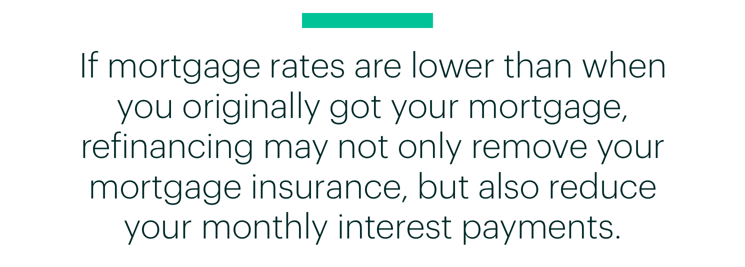  Quote: If Mortgage Rates Are Lower Than When You Originally Got Your Mortgage, Refinancing May Not Only Remove Your Mortgage Insurance...&quot;