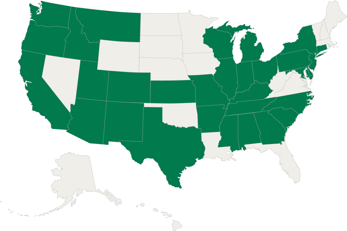We are active in Alabama, Arizona, Arkansas, California, Colorado, Delaware, Georgia, Idaho, Illinois, Indiana, Kansas, Kentucky, Maryland, Mississippi, Missouri, Montana, Nebreska, New Jersey, New Mexico, North Carolina, Ohio, Oregon, Pennsylvania, South Carolina, Tennessee, Texas, Utah, Washington, Wisconsin