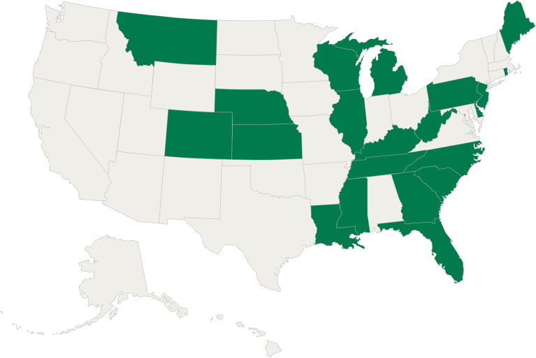 We are active in California, Colorado, Delaware, District of Columbia, Florida, Georgia, Illinois, Kansas, Kentucky, Louisiana, Maine, Michigan, Mississippi, Montana, Nebreska, New Jersey, North Carolina, Pennsylvania, Rhode Island, South Carolina, Tennessee, Texas, West Virginia, Wisconsin